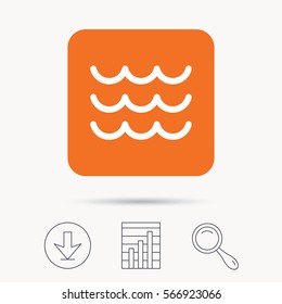 Wave icon. Water stream symbol. Report chart, download and magnifier search signs. Orange square button with web icon. Vector