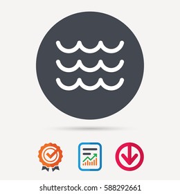 Wave icon. Water stream symbol. Report document, award medal with tick and new tag signs. Colored flat web icons. Vector