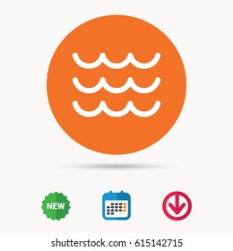 Wave icon. Water stream symbol. Calendar, download arrow and new tag signs. Colored flat web icons. Vector