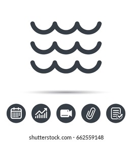 Wave icon. Water stream symbol. Calendar, chart and checklist signs. Video camera and attach clip web icons. Vector