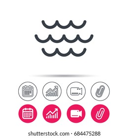 Wave icon. Water stream symbol. Statistics chart, calendar and video camera signs. Attachment clip web icons. Vector