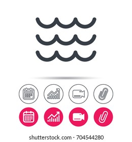 Wave icon. Water stream symbol. Statistics chart, calendar and video camera signs. Attachment clip web icons. Vector