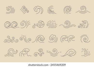 Ondear iconos. Conjunto lineal de ondas líquidas abstractas diferentes Formas Plantilla de Vector reciente