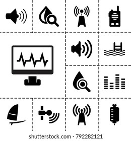 Wave icons. set of 13 editable filled wave icons such as drop under magnifier, pool, transmitter, volume, equalizer, signal, windsurfing, walkie talkie, heartbeat