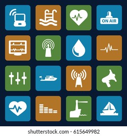 Wave icons set. set of 16 wave filled icons such as boat, equalizer, heartbeat, signal, volume, open air, swimming pool, drop, lighthouse, laptop signal