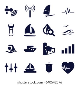 Wave icons set. set of 16 wave filled icons such as signal tower, boat, milk glass, drop under magnifier, volume, equalizer, heartbeat, swimming, sailboat, windsurfing
