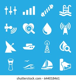 Wave icons set. set of 16 wave filled icons such as signal tower, satellite, boat, hair curler, milk glass, drop under magnifier, volume, equalizer, heartbeat search