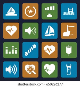 Wave icons set. set of 16 wave filled icons such as hair curler, signal, milk glass, heartbeat, pool, volume, equalizer, heartbeat search, boat, lighthouse, sail