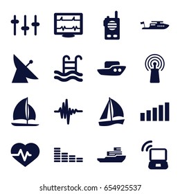 Wave icons set. set of 16 wave filled icons such as satellite, boat, equalizer, heartbeat, signal, music equalizer, swimming pool, sailboat, laptop signal