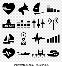 Wave icons set. set of 16 wave filled icons such as signal tower, boat, equalizer, heartbeat, pool, volume, open air, music equalizer, signal, windsurfing
