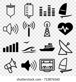 Wave icons set. set of 16 wave filled and outline icons such as signal tower, heartbeat, volume, equalizer, signal, windsurfing, sea and gull, boat, satellite, drop counter