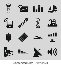 Wave icons set. set of 16 wave filled icons such as signal tower, satellite, hair curler, equalizer, signal, milk glass, volume, swimming pool, swimmer, sailboat