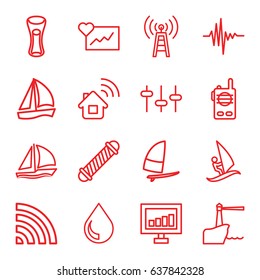 Wave icons set. set of 16 wave outline icons such as hair curler, signal, milk glass, equalizer, wi-fi, music equalizer, drop, sailboat, lighthouse, surfing, walkie talkie