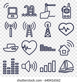 Wave icons set. set of 16 wave outline icons such as signal tower, boat, equalizer, heartbeat, volume, swimming pool, sailboat, lighthouse, laptop signal, signal