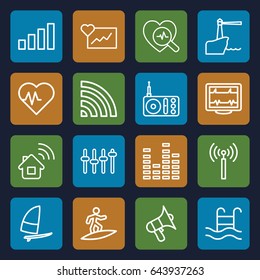 Wave icons set. set of 16 wave outline icons such as signal tower, heartbeat, radio, volume, wi-fi, equalizer, heartbeat search, swimming pool, lighthouse, surfing, signal