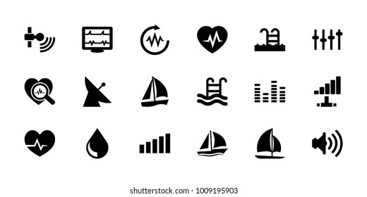 Wave icons. set of 18 editable filled wave icons: satellite, sailboat, heartbeat, equalizer, heartbeat search, signal, volume, swimming pool