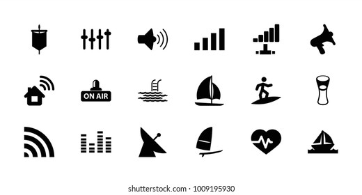 Wave icons. set of 18 editable filled wave icons: satellite, milk glass, heartbeat, home connection, volume, wi-fi, equalizer, open air, boat, sailboat, windsurfing, surfing