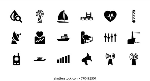 Wave icons. set of 18 editable filled wave icons: drop under magnifier, pool, signal, volume, equalizer, sailboat, lighthouse, boat, walkie talkie, signal tower, satellite