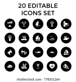 Wave icons. set of 20 editable filled wave icons such as signal tower, boat, signal, sailboat, milk glass, drop under magnifier. best quality wave elements in trendy style.