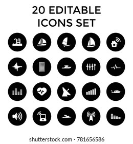 Wave icons. set of 20 editable filled wave icons such as satellite, boat, equalizer, heartbeat, home connection, transmitter. best quality wave elements in trendy style.