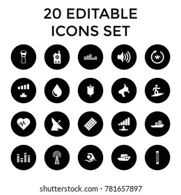 Wave icons. set of 20 editable filled wave icons such as satellite, boat, hair curler, signal, milk glass, heartbeat, volume. best quality wave elements in trendy style.