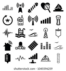 Wave icons. set of 25 editable filled and outline wave icons such as signal tower, hair curler, drop counter, heartbeat, equalizer, swimming pool, boat, signal, sea and gull