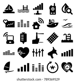 Wave icons. set of 25 editable filled wave icons such as hair curler, cardiogram, drop counter, drop under magnifier, pool, heartbeat, home connection, volume, equalizer
