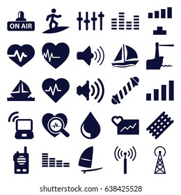 Wave icons set. set of 25 wave filled icons such as signal tower, hair curler, equalizer, signal, heartbeat, volume, open air, heartbeat search, boat, drop, windsurfing