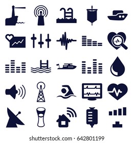 Wave icons set. set of 25 wave filled icons such as signal tower, satellite, boat, equalizer, signal, milk glass, heartbeat, drop counter, pool, volume, heartbeat search