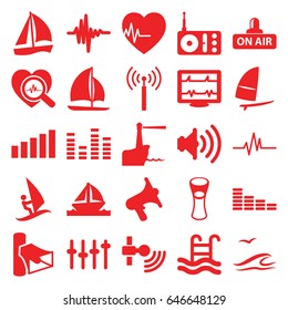 Wave icons set. set of 25 wave filled icons such as signal tower, equalizer, milk glass, heartbeat, radio, volume, open air, heartbeat search, music equalizer, swimming pool