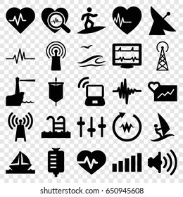Wave icons set. set of 25 wave filled icons such as signal tower, satellite, heartbeat, drop counter, signal, equalizer, heartbeat search, music equalizer, volume, boat