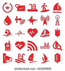 Wave icons set. set of 25 wave filled icons such as signal tower, heartbeat, drop counter, drop under magnifier, pool, volume, wi-fi, music equalizer, swimming pool, drop