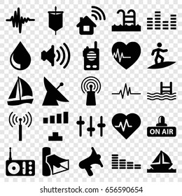 Wave icons set. set of 25 wave filled icons such as signal tower, satellite, equalizer, signal, pool, radio, volume, open air, heartbeat, music equalizer, boat, drop
