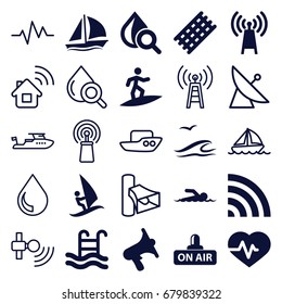 Wave icons set. set of 25 wave filled and outline icons such as hair curler, heartbeat, drop under magnifier, volume, wi-fi, open air, swimming pool, swimmer, sailboat