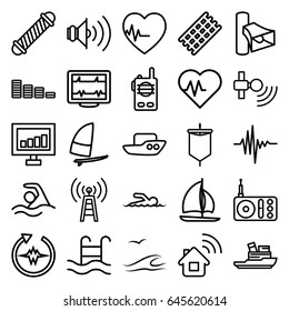 Wave icons set. set of 25 wave outline icons such as boat, hair curler, equalizer, signal, heartbeat, radio, volume, music equalizer, swimming pool, swimmer, sea and gull