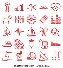 Wave icons set. set of 25 wave outline icons such as satellite, hair curler, equalizer, milk glass, heartbeat, drop under magnifier, volume, wi-fi, music equalizer