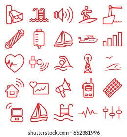 Wave icons set. set of 25 wave outline icons such as signal tower, hair curler, boat, drop counter, volume, equalizer, heartbeat, swimming pool, sailboat, lighthouse