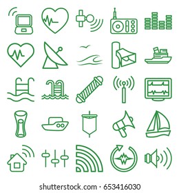 Wave icons set. set of 25 wave outline icons such as signal tower, satellite, boat, hair curler, milk glass, heartbeat, radio, volume, equalizer, wi-fi, swimming pool