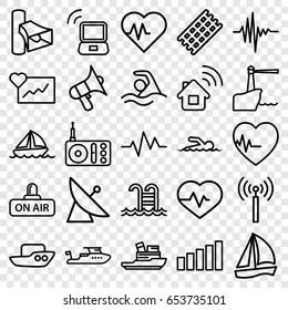 Wave icons set. set of 25 wave outline icons such as signal tower, satellite, boat, hair curler, heartbeat, radio, volume, open air, music equalizer, signal, swimming pool