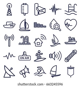 Wave icons set. set of 25 wave outline icons such as signal tower, satellite, boat, hair curler, equalizer, drop counter, drop under magnifier, volume, open air, heartbeat