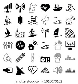 Wave icons. set of 36 editable filled and outline wave icons such as signal tower, satellite, heartbeat, home connection, radio, windsurfing, sea and gull, surfing
