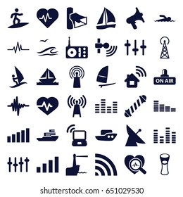 Wave icons set. set of 36 wave filled icons such as signal tower, satellite, boat, hair curler, equalizer, milk glass, heartbeat, radio, signal, volume, wi-fi, open air
