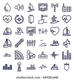 Wave icons set. set of 36 wave outline icons such as signal tower, hair curler, signal, heartbeat, drop counter, pool, radio, volume, equalizer, wi-fi, open air