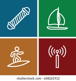 Wave icons set. set of 4 wave outline icons such as signal tower, hair curler, surfing