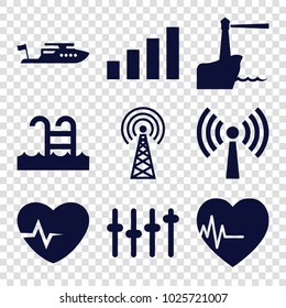 Wave icons. set of 9 editable filled wave icons such as boat, heartbeat, equalizer, swimming pool, lighthouse, signal