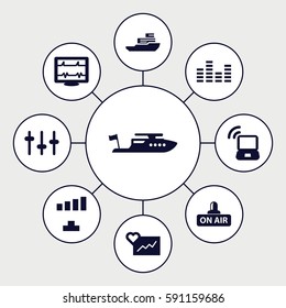 wave icons set. Set of 9 wave filled icons such as boat, signal, heartbeat, equalizer, open air, laptop signal