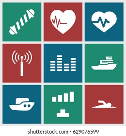 Wave icons set. set of 9 wave filled icons such as signal tower, boat, hair curler, signal, heartbeat, equalizer