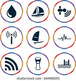 Wave icons set. set of 9 wave filled icons such as signal tower, milk glass, pool, wi-fi, heartbeat, drop, windsurfing, sailboat