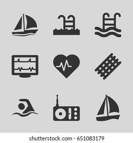 Wave icons set. set of 9 wave filled icons such as hair curler, heartbeat, radio, swimming pool, swimming