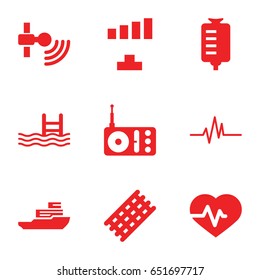 Wave icons set. set of 9 wave filled icons such as hair curler, signal, heartbeat, drop counter, pool, radio